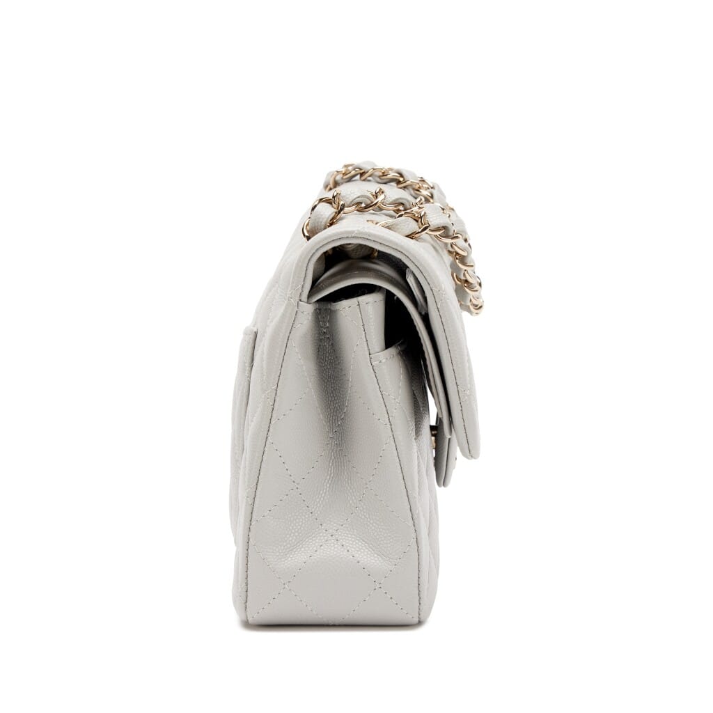 Light Grey Quilted Caviar Small Classic Double Flap Bag Light Gold Hardware, 2021