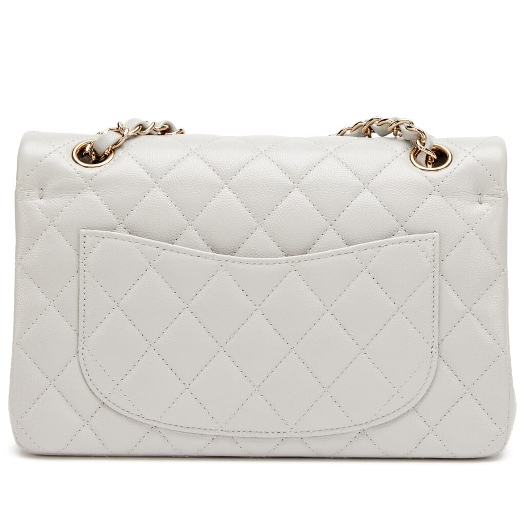 Light Grey Quilted Caviar Small Classic Double Flap Bag Light Gold Hardware, 2021
