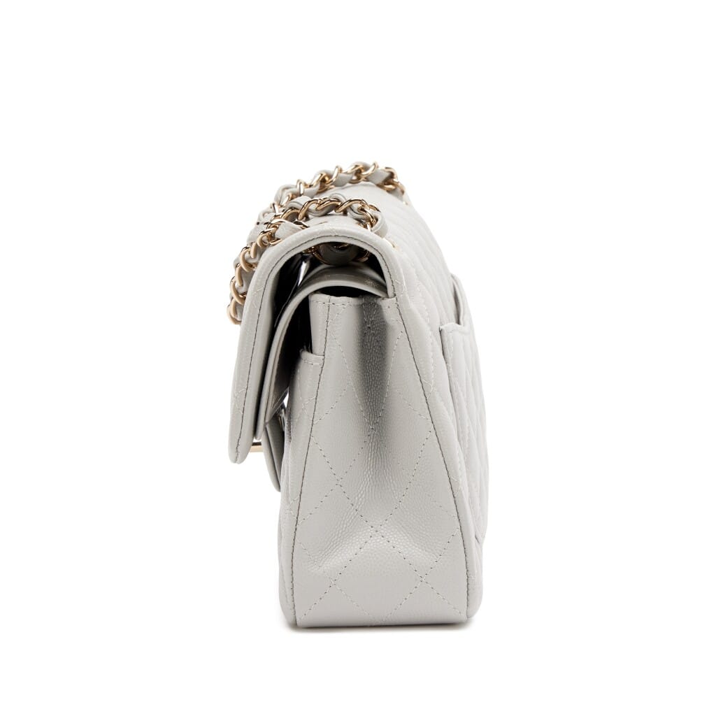Light Grey Quilted Caviar Small Classic Double Flap Bag Light Gold Hardware, 2021