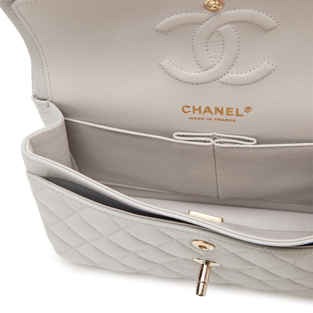 Light Grey Quilted Caviar Small Classic Double Flap Bag Light Gold Hardware, 2021