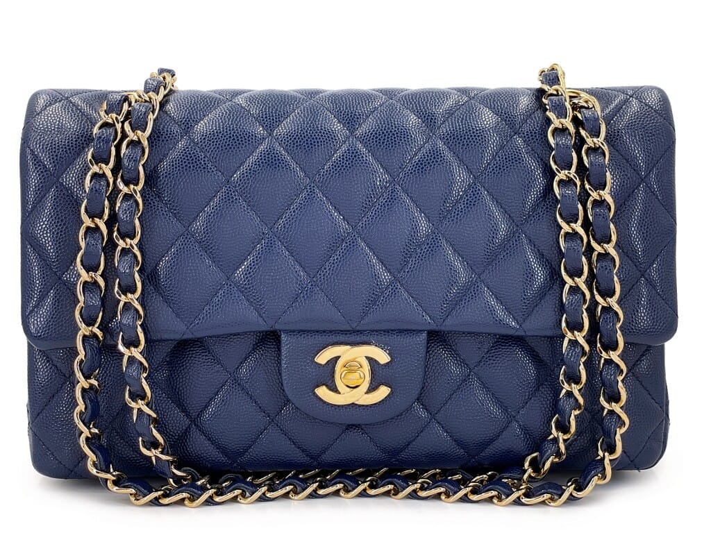 Navy Blue Quilted Caviar Medium Classic Double Flap Bag Gold Hardware, 2019-2020