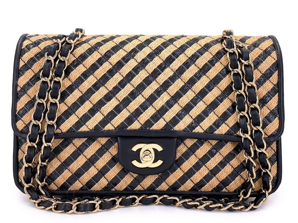 Black and Beige Stripe Raffia Jute Medium Urban Jungle Classic Flap Bag Gold Hardware, 2021