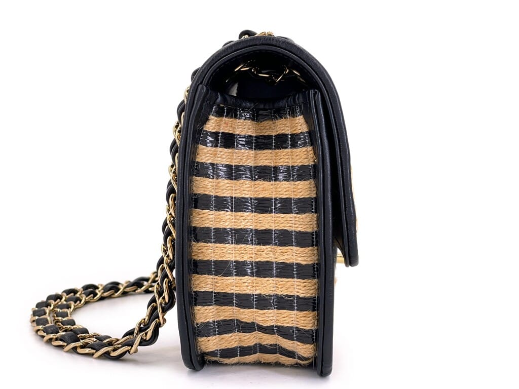 Black and Beige Stripe Raffia Jute Medium Urban Jungle Classic Flap Bag Gold Hardware, 2021