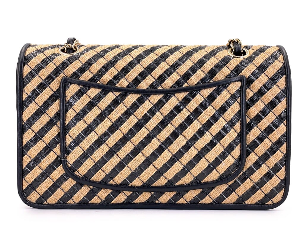 Black and Beige Stripe Raffia Jute Medium Urban Jungle Classic Flap Bag Gold Hardware, 2021