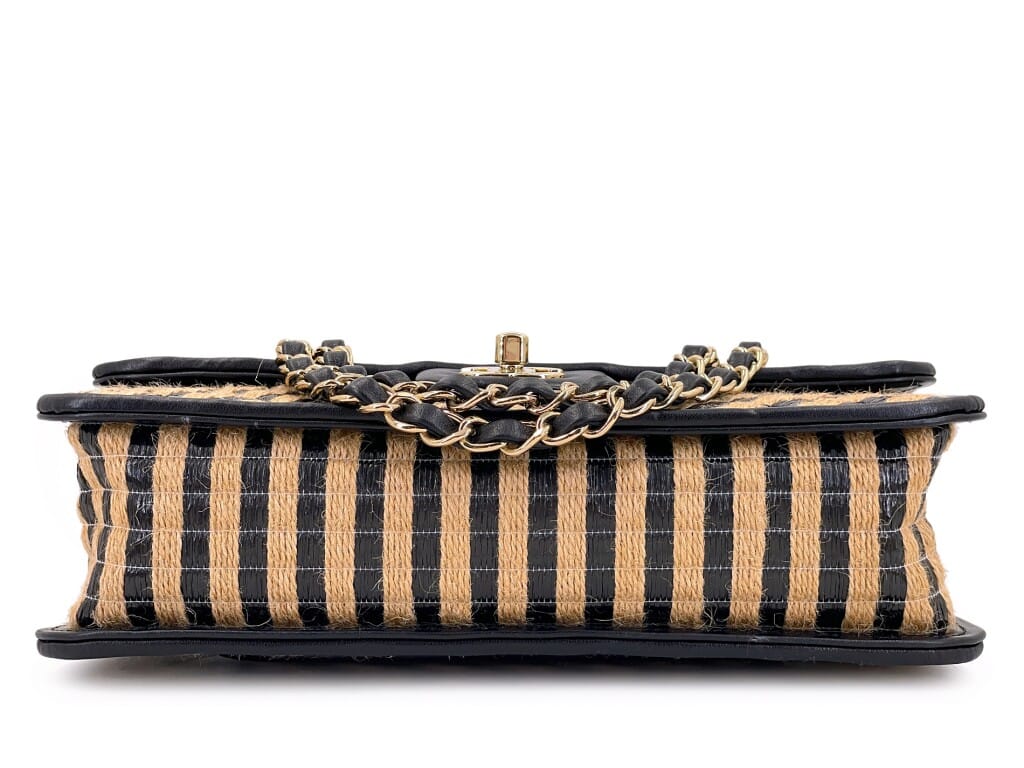 Black and Beige Stripe Raffia Jute Medium Urban Jungle Classic Flap Bag Gold Hardware, 2021