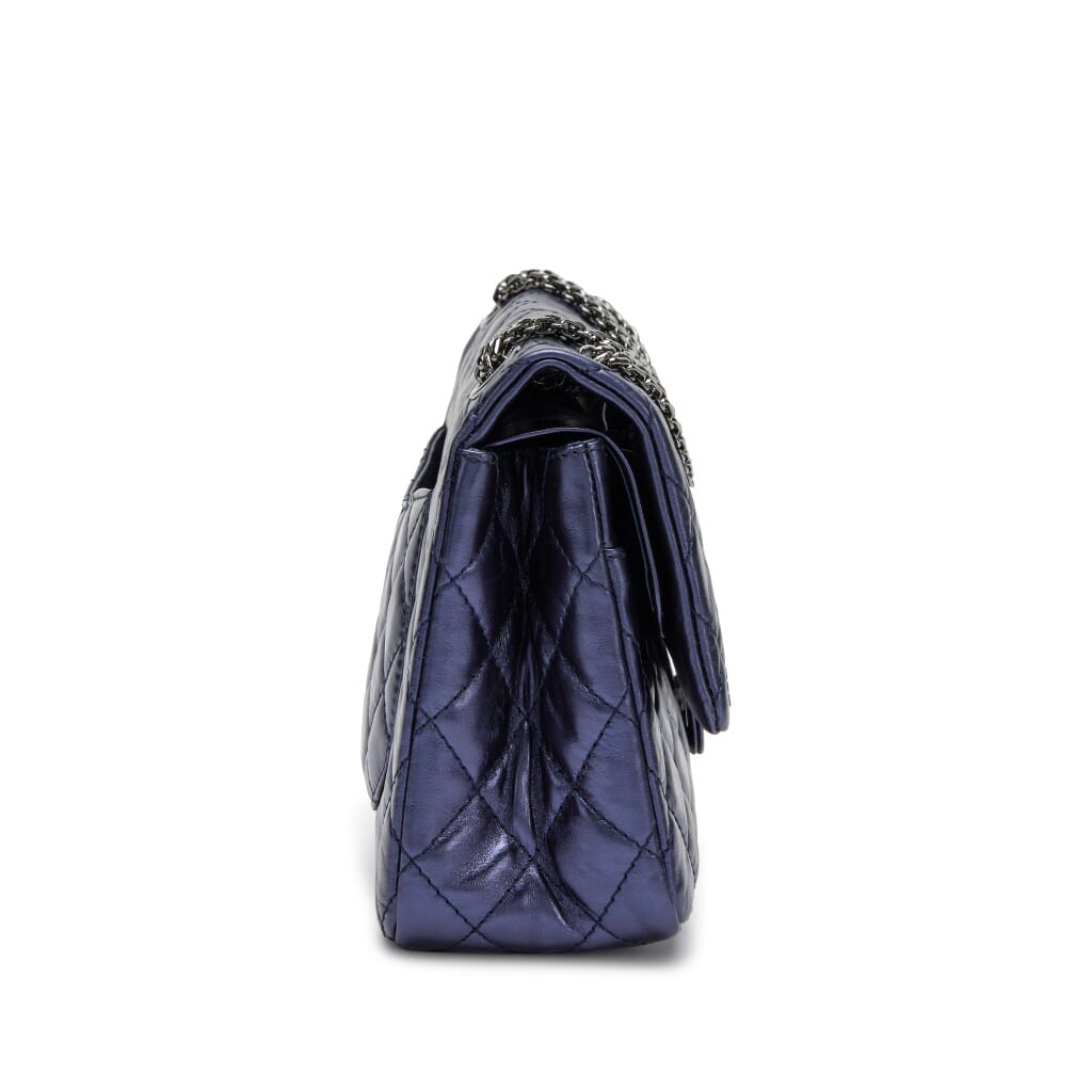 Navy Blue Metallic Quilted Aged Calfskin 2.55 Reissue 226 Double Flap Bag Silver Hardware, 2008-2009
