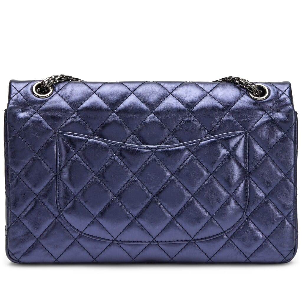 Navy Blue Metallic Quilted Aged Calfskin 2.55 Reissue 226 Double Flap Bag Silver Hardware, 2008-2009