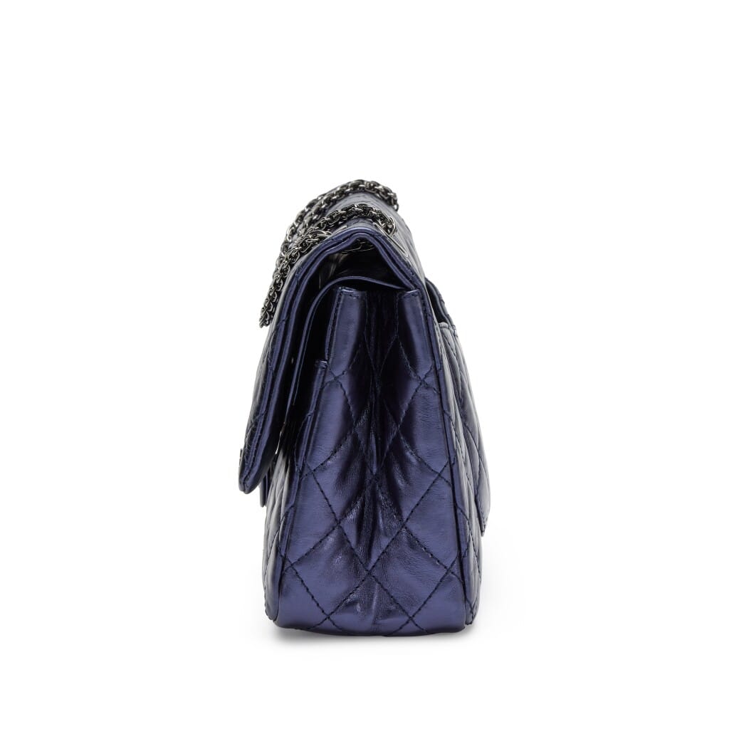 Navy Blue Metallic Quilted Aged Calfskin 2.55 Reissue 226 Double Flap Bag Silver Hardware, 2008-2009