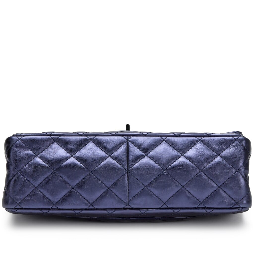 Navy Blue Metallic Quilted Aged Calfskin 2.55 Reissue 226 Double Flap Bag Silver Hardware, 2008-2009