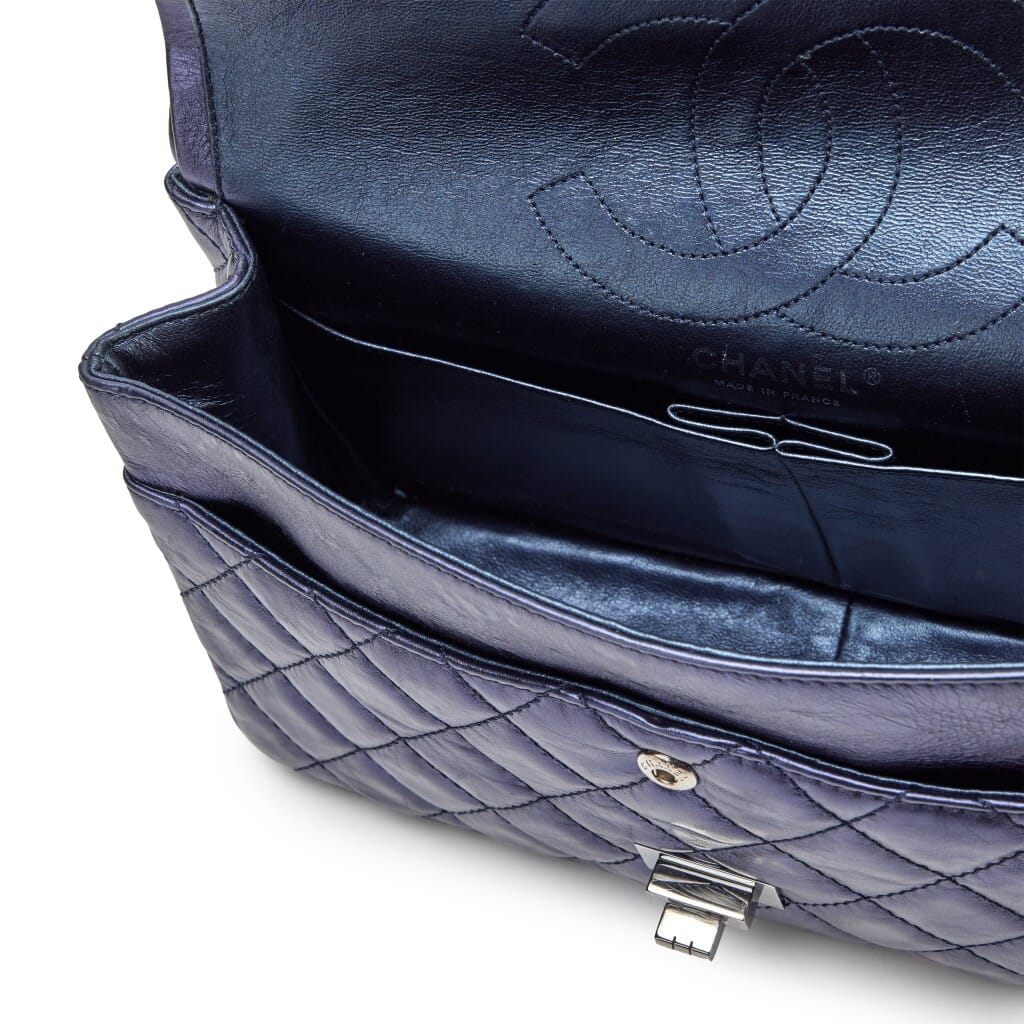 Navy Blue Metallic Quilted Aged Calfskin 2.55 Reissue 226 Double Flap Bag Silver Hardware, 2008-2009