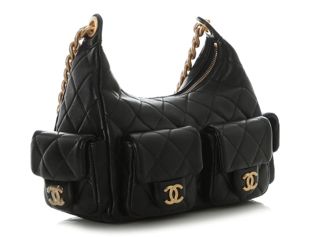 Black Quilted Shiny Lambskin Small Trendy Pockets Hobo Aged Gold Hardware, 2025