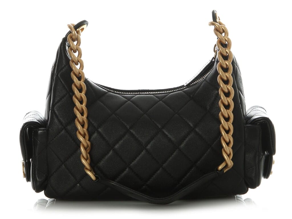 Black Quilted Shiny Lambskin Small Trendy Pockets Hobo Aged Gold Hardware, 2025