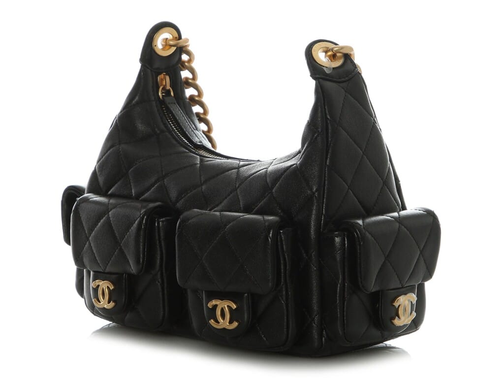 Black Quilted Shiny Lambskin Small Trendy Pockets Hobo Aged Gold Hardware, 2025