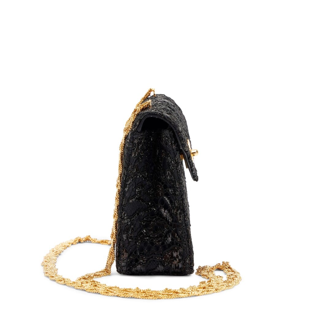 Vintage Black Lace and Satin Mini Square Classic Single Flap Bag Gold Hardware, 1997-1999