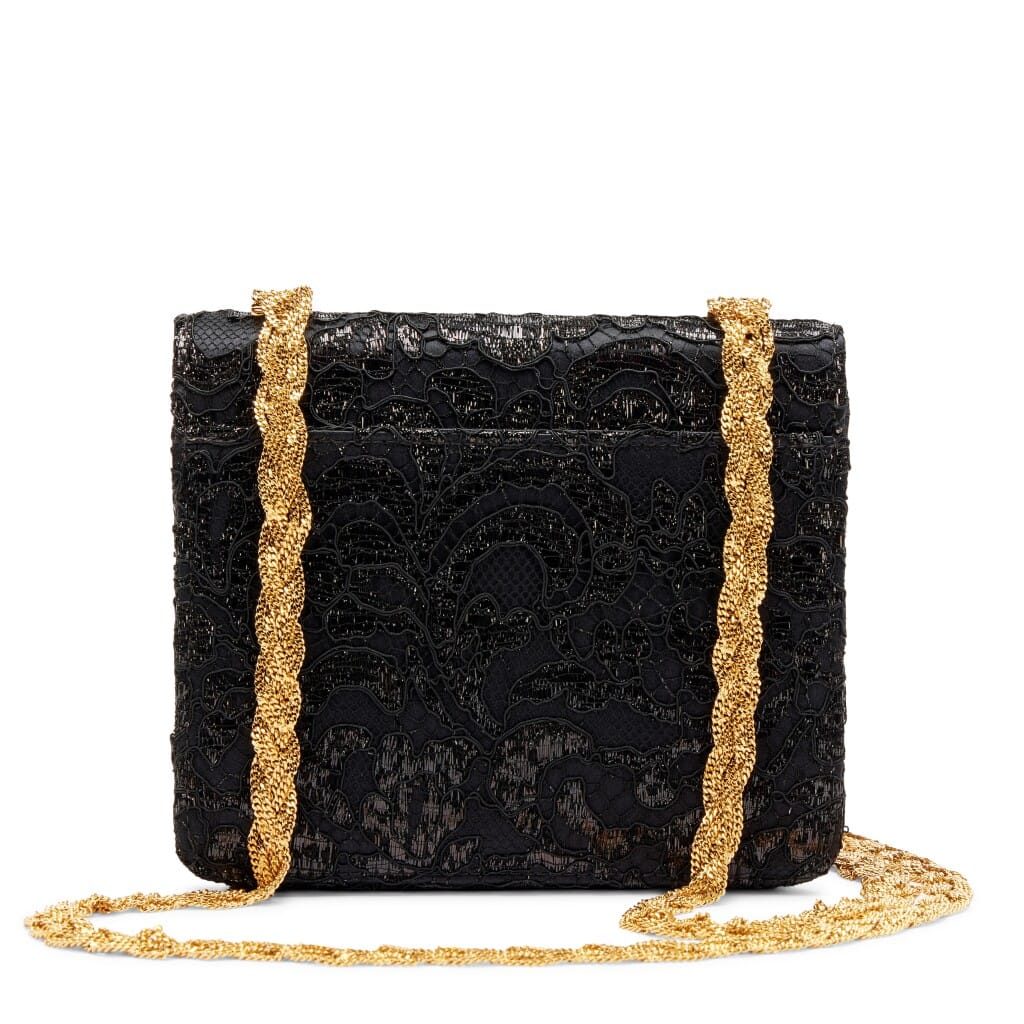 Vintage Black Lace and Satin Mini Square Classic Single Flap Bag Gold Hardware, 1997-1999