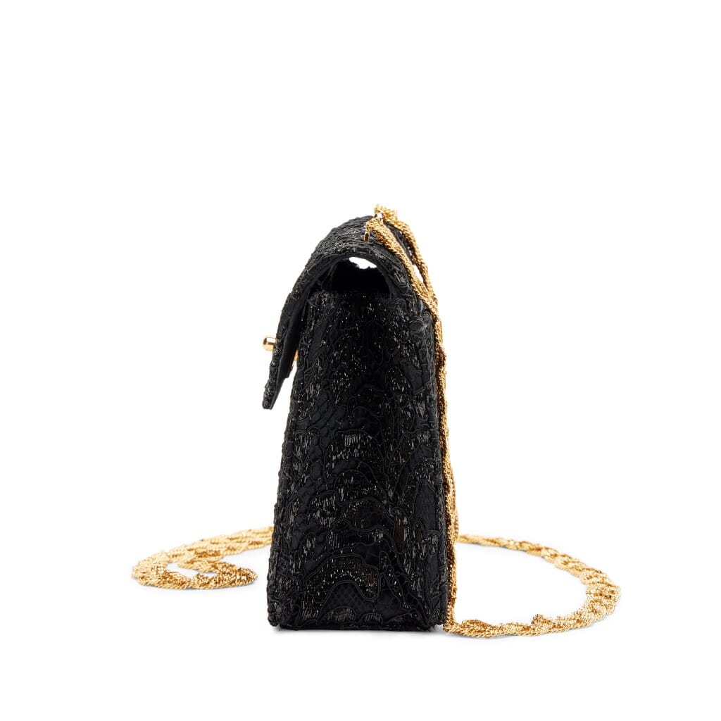 Vintage Black Lace and Satin Mini Square Classic Single Flap Bag Gold Hardware, 1997-1999
