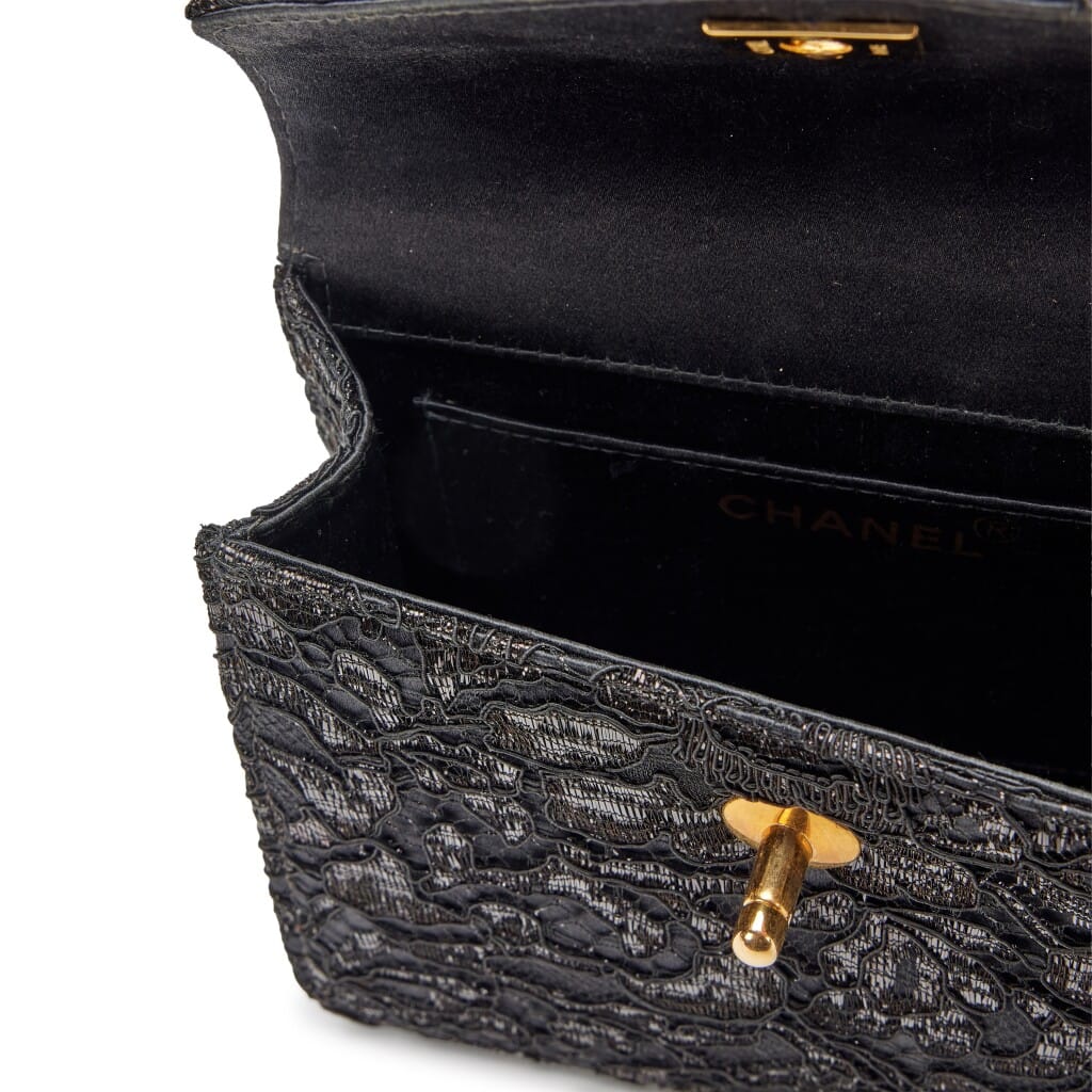 Vintage Black Lace and Satin Mini Square Classic Single Flap Bag Gold Hardware, 1997-1999