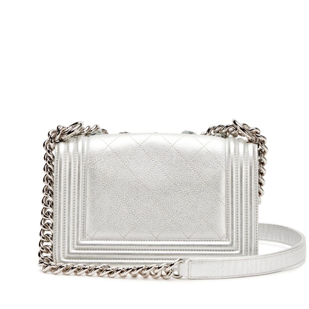 Silver Quilted Calfskin Camellia Applique Small Boy Bag Silver Hardware, 2019