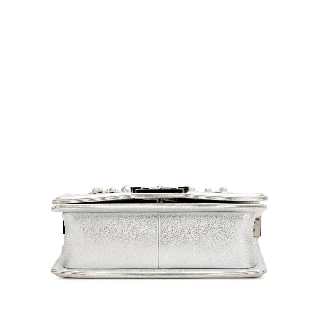 Silver Quilted Calfskin Camellia Applique Small Boy Bag Silver Hardware, 2019