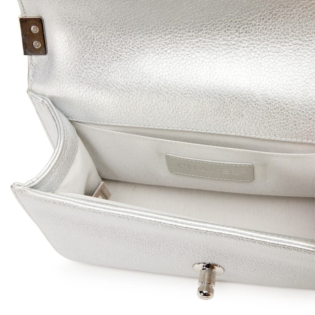 Silver Quilted Calfskin Camellia Applique Small Boy Bag Silver Hardware, 2019