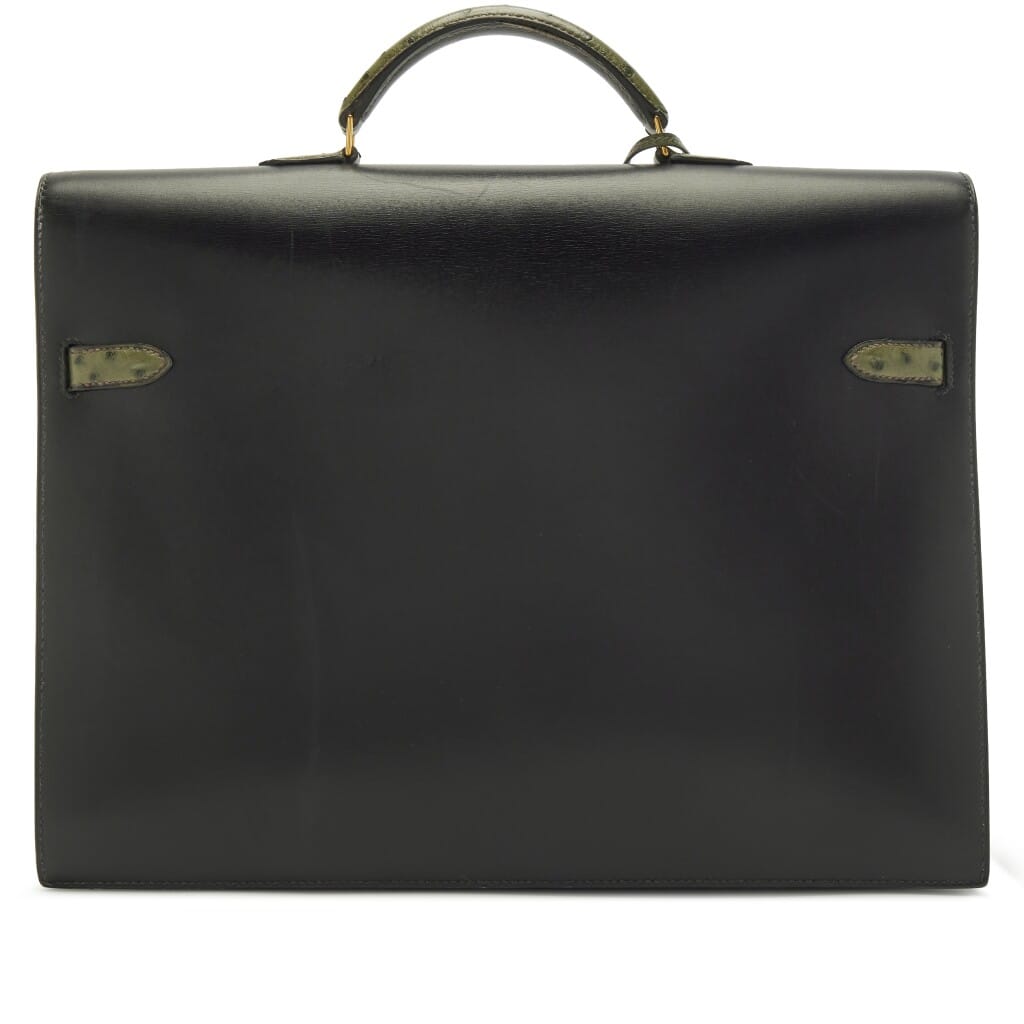 Vintage Black Box Calf and Vert Veronese Ostrich Kelly Depeches 38 Briefcase Gold Hardware, 1996