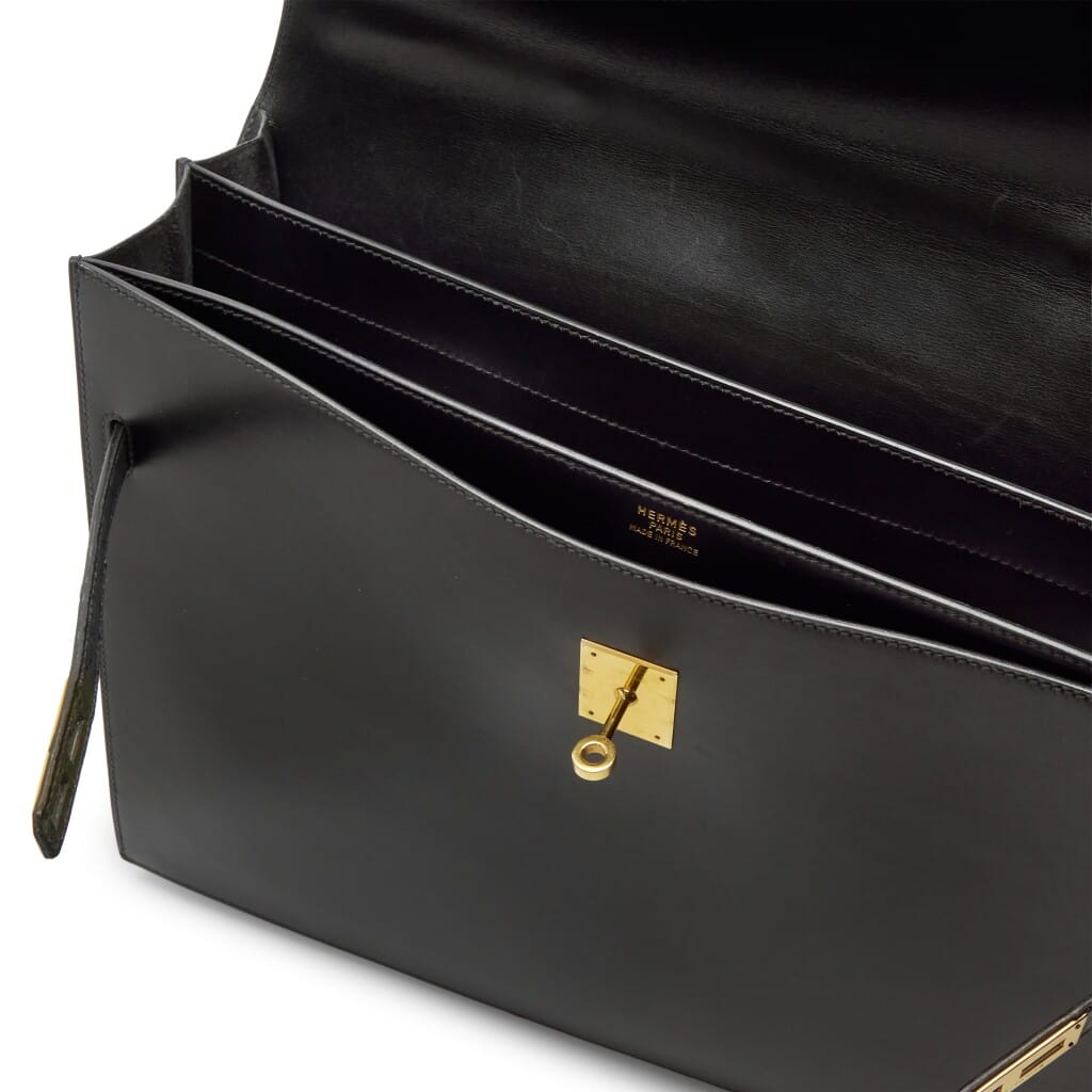 Vintage Black Box Calf and Vert Veronese Ostrich Kelly Depeches 38 Briefcase Gold Hardware, 1996