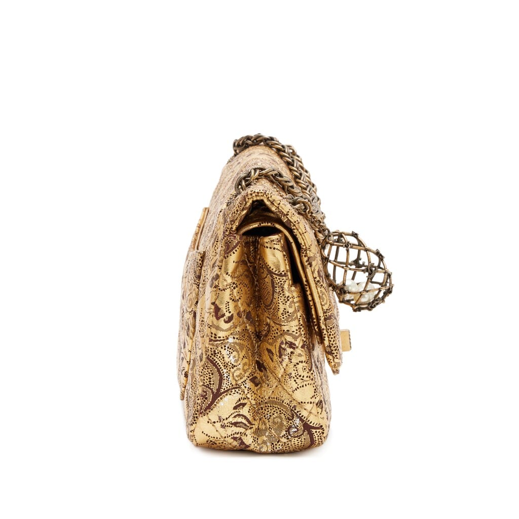 Gold Brocade Hand Painted Lace Quilted Buffalo Paris-Moscow 225 Reissue 2.55 Double Flap Bag Antique Gold Hardware, 2009
