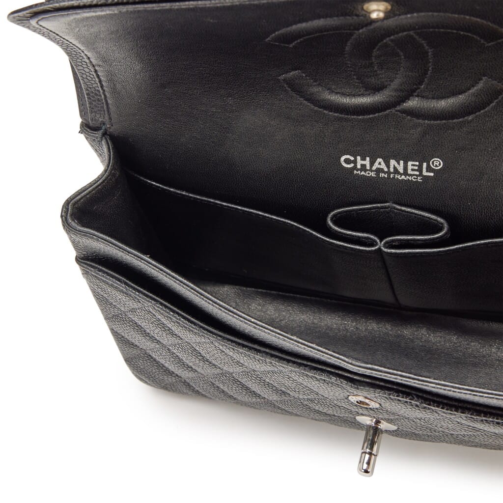 Vintage Black Quilted Caviar Medium Classic Double Flap Bag Silver Hardware, 2000-2002