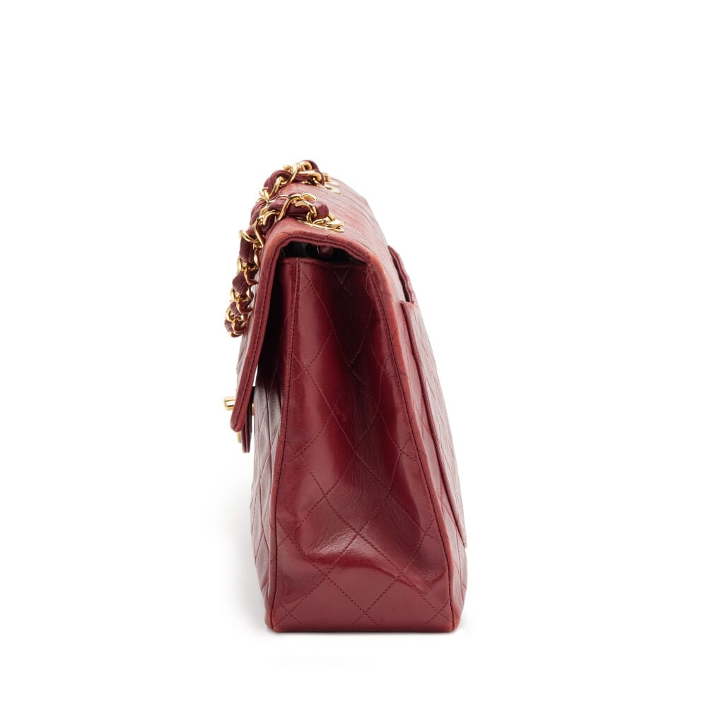 Vintage Burgundy Red Quilted Lambskin Maxi Jumbo XL Classic Single Flap Bag Gold Hardware, 1991-1994