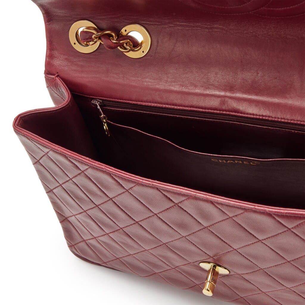 Vintage Burgundy Red Quilted Lambskin Maxi Jumbo XL Classic Single Flap Bag Gold Hardware, 1991-1994