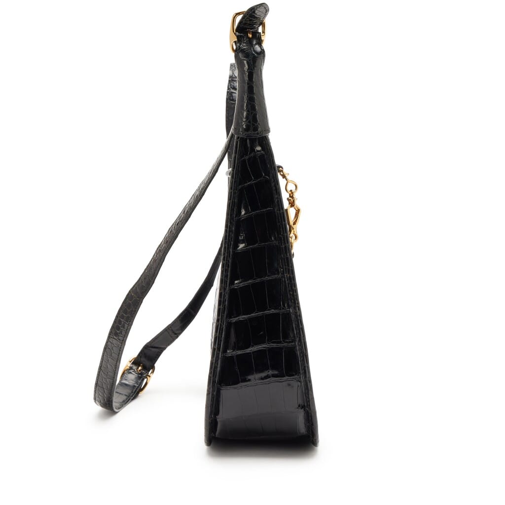 Vintage Black Shiny Porosus Crocodile Trim II 31 Gold Hardware, 1980s