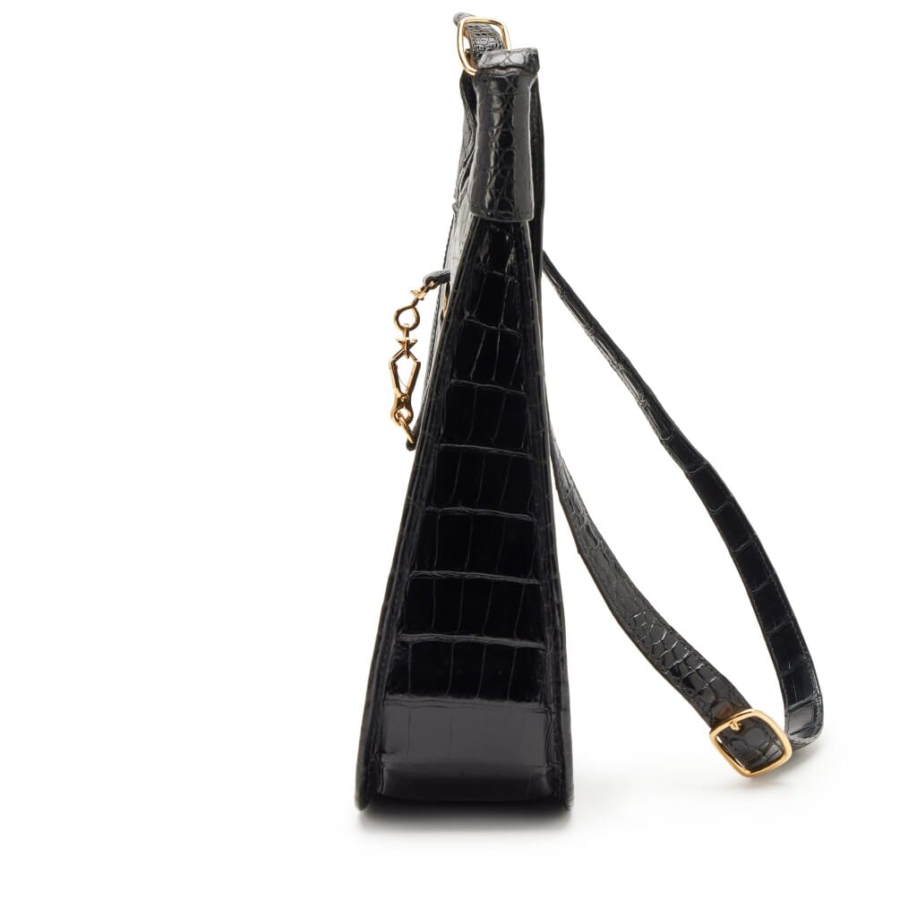 Vintage Black Shiny Porosus Crocodile Trim II 31 Gold Hardware, 1980s