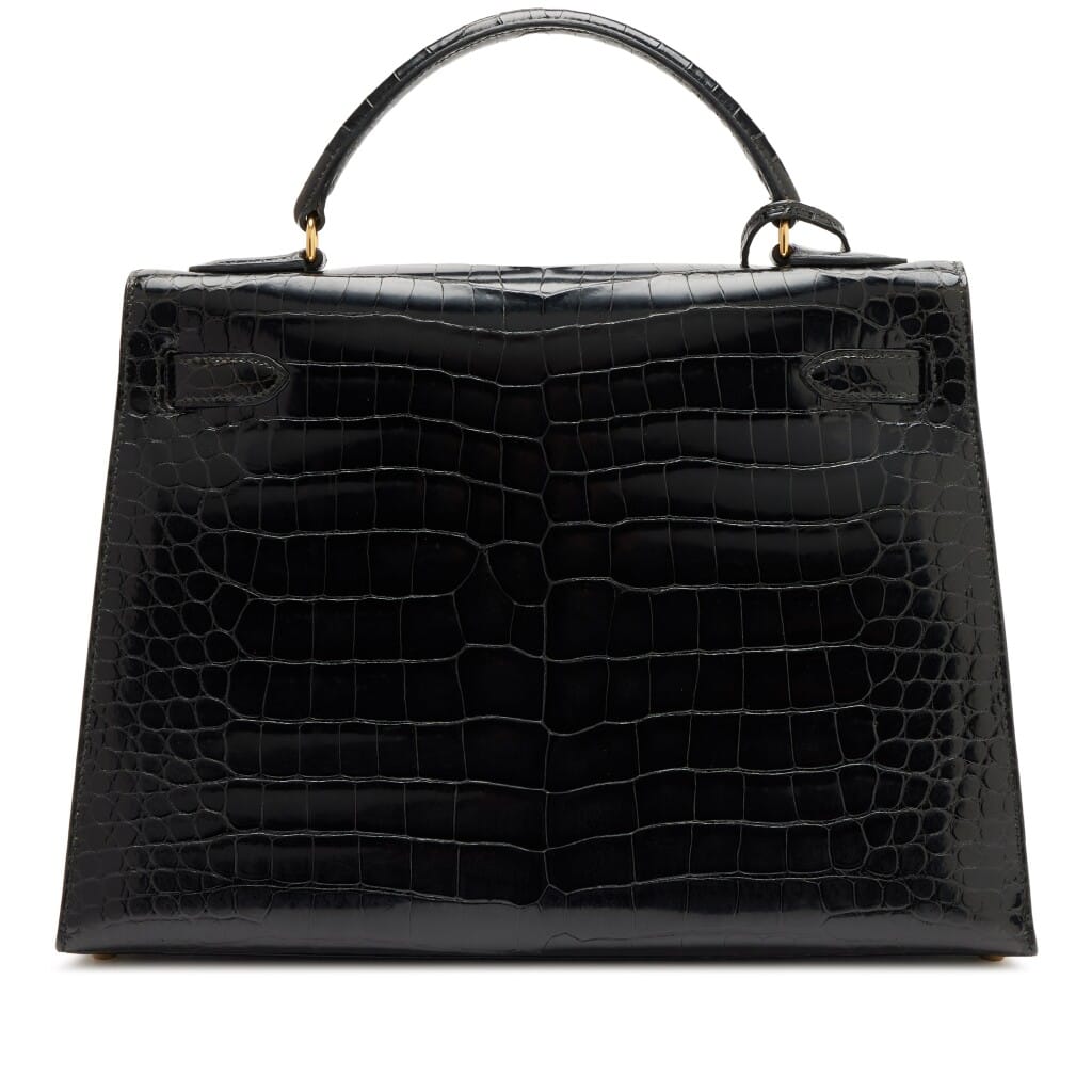 Vintage Black Shiny Porosus Crocodile Sellier Kelly 32 Gold Hardware, 1994