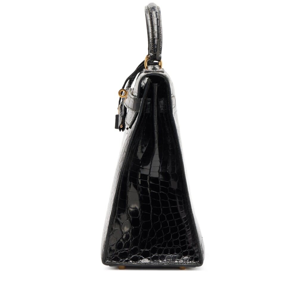 Vintage Black Shiny Porosus Crocodile Sellier Kelly 32 Gold Hardware, 1994