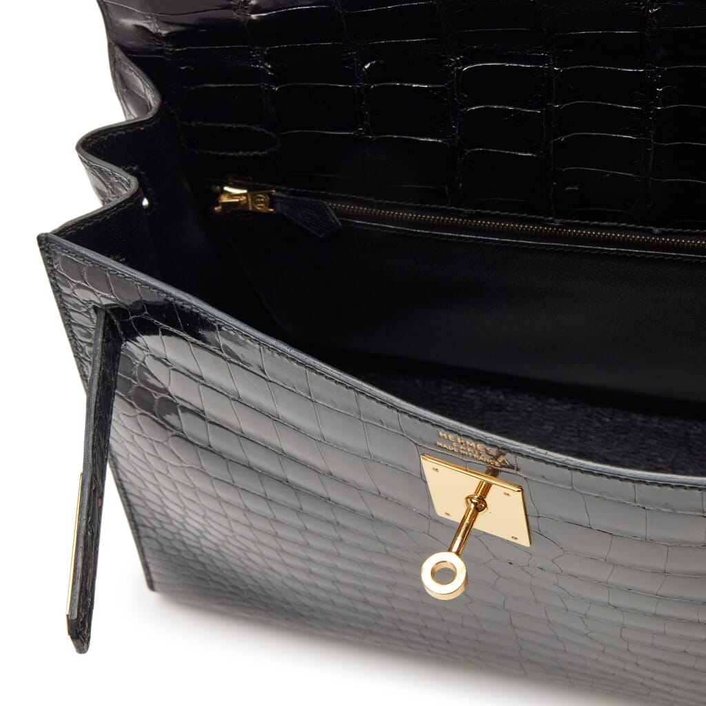 Vintage Black Shiny Porosus Crocodile Sellier Kelly 32 Gold Hardware, 1994