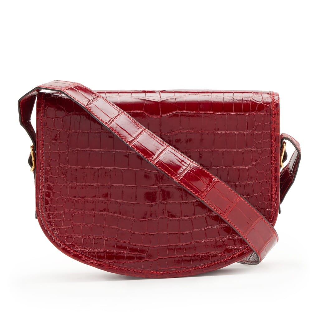 Vintage Rouge Vif Shiny Porosus Crocodile Balle De Golf Bag Gold Hardware, 1980s