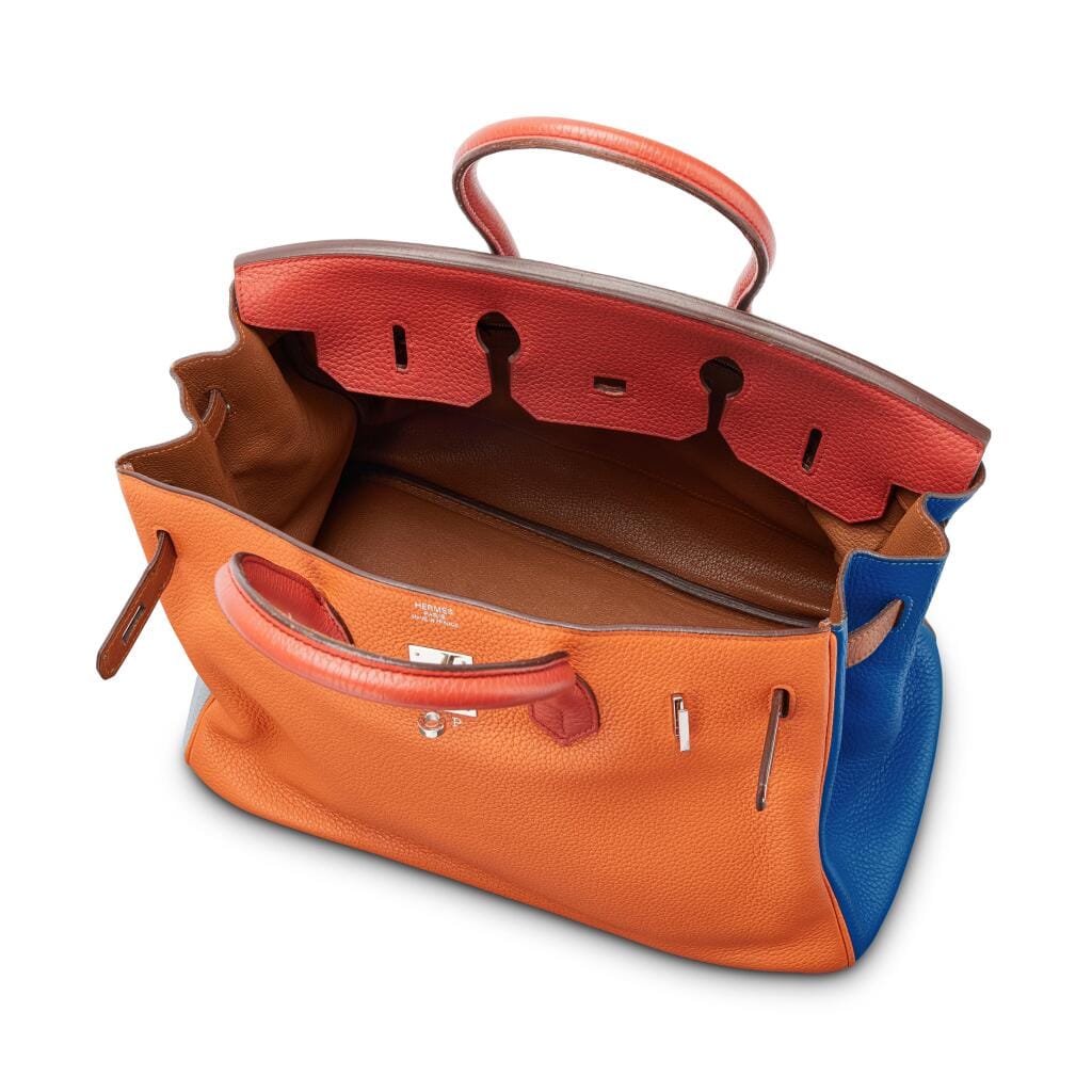 Limited Edition Orange H, Etain, Sanguine, Bleu Hydra, Gold and Bleu Lin Clémence Arlequin Birkin 35 Palladium Hardware, 2012