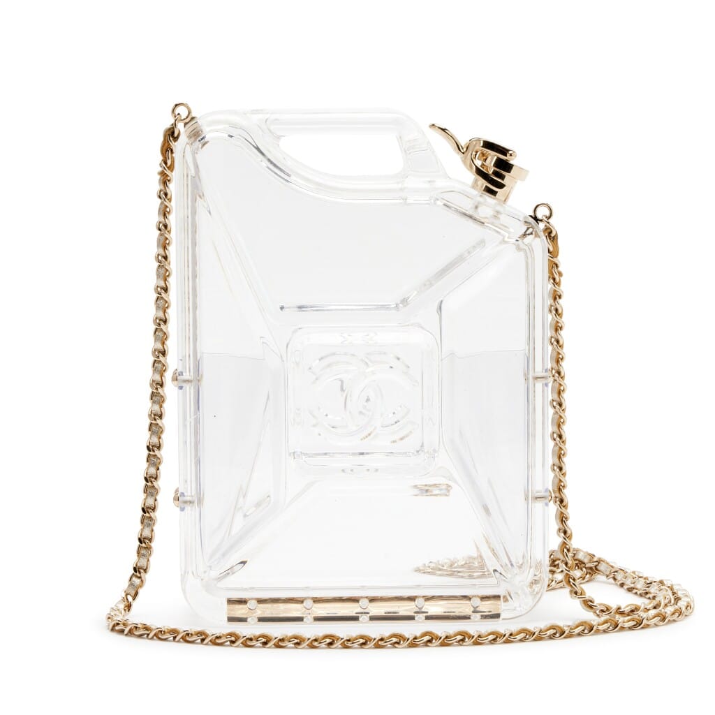 Clear Plexiglass Dubai by Night Gas Tank Jerry Can Minaudière Light Gold Hardware, 2015