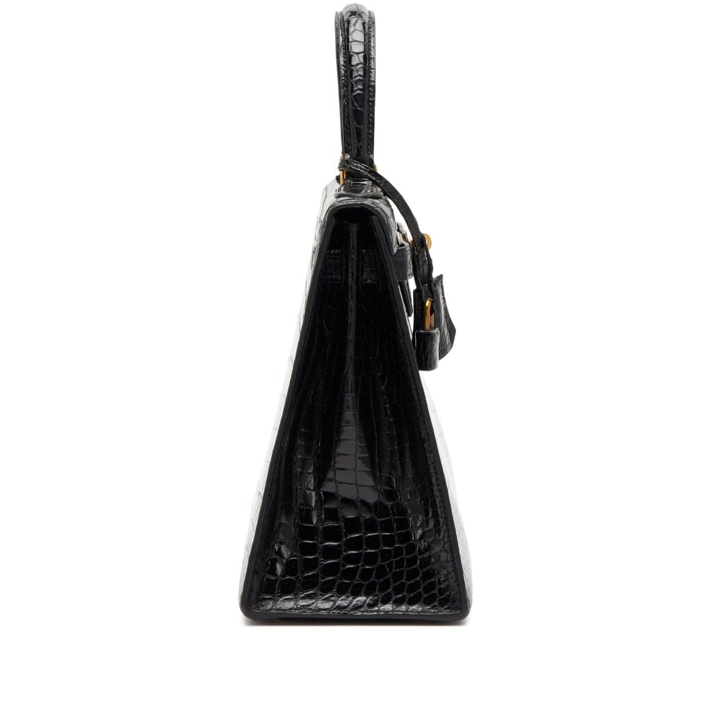 Vintage Black Shiny Crocodile Kelly 28 Gold Hardware, 1975