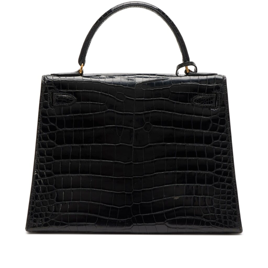 Vintage Black Shiny Crocodile Kelly 28 Gold Hardware, 1975