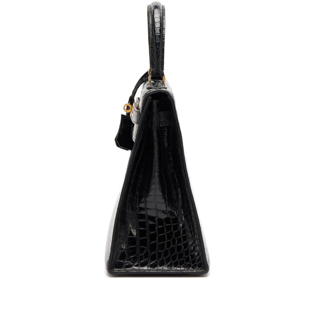 Vintage Black Shiny Crocodile Kelly 28 Gold Hardware, 1975
