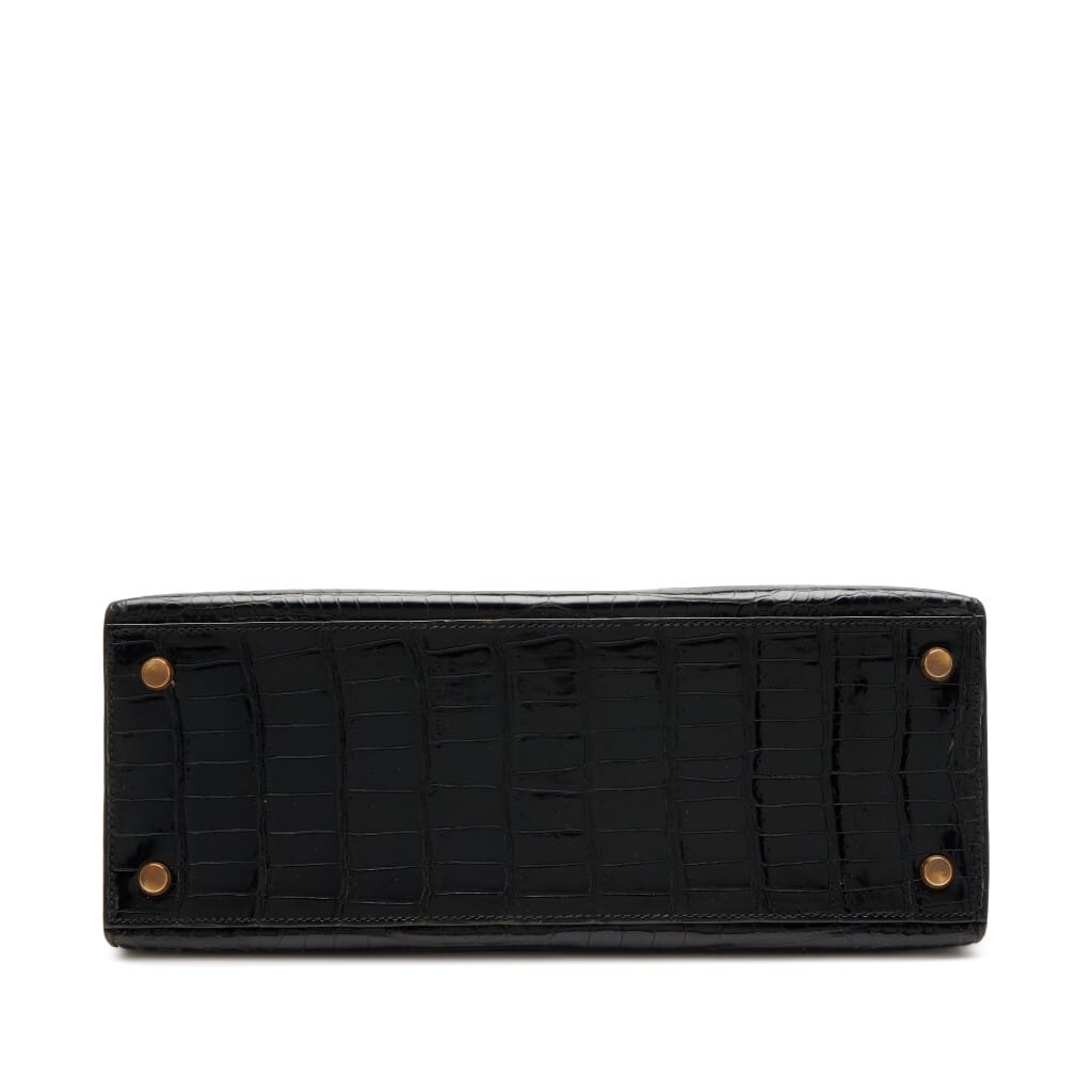 Vintage Black Shiny Crocodile Kelly 28 Gold Hardware, 1975