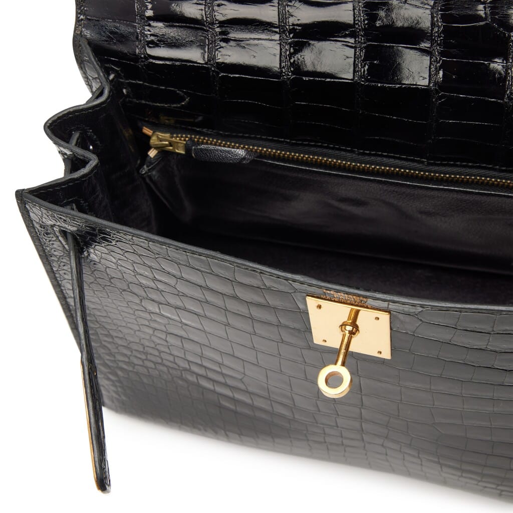 Vintage Black Shiny Crocodile Kelly 28 Gold Hardware, 1975
