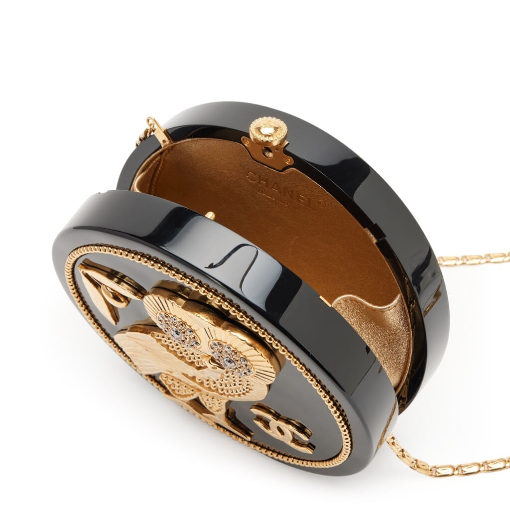 Limited Edition Runway Black and Gold Strass Plexiglass Evening in Greece Owl Minaudière Evening Bag Gold Hardware, 2018