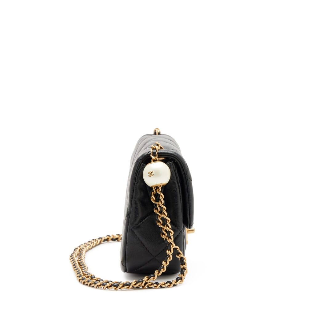 Black Quilted Lambskin Double Pearl Mini Flap Bag Aged Gold Hardware, 2024