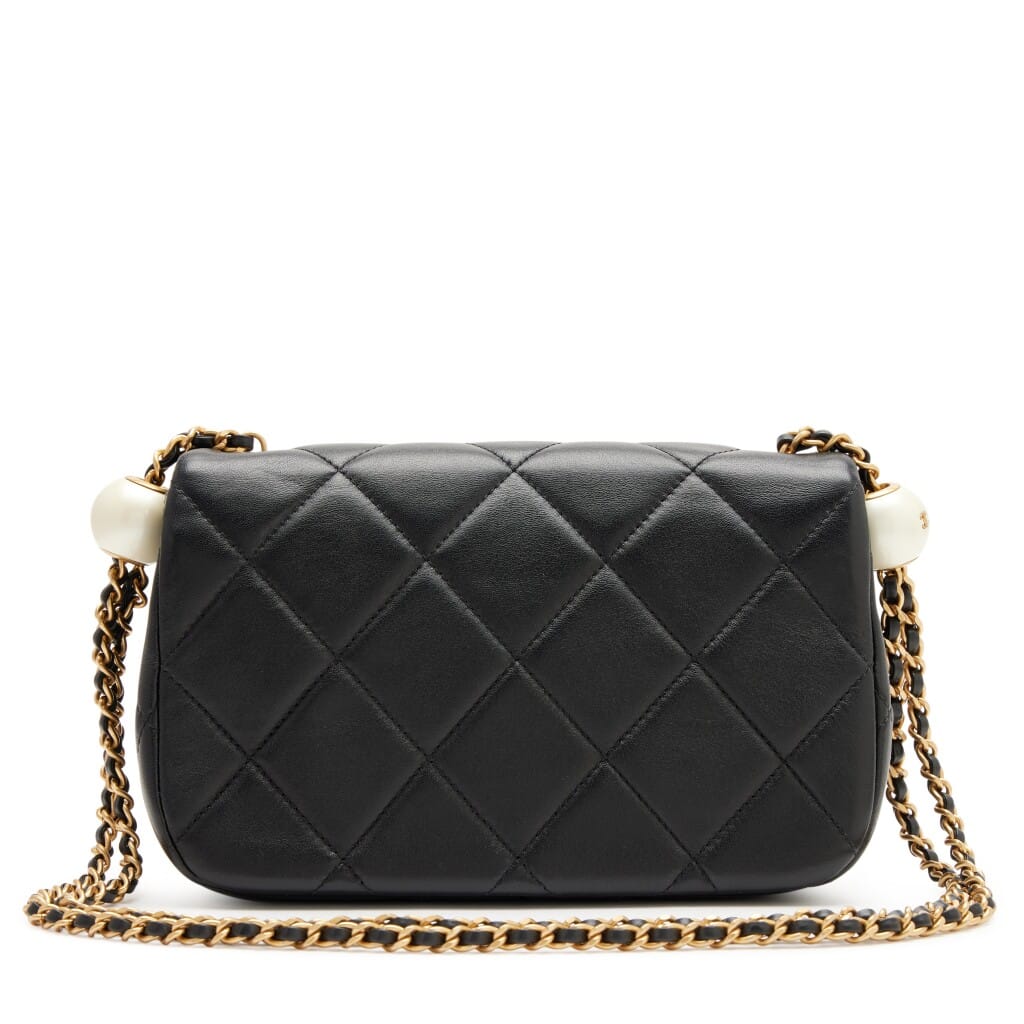 Black Quilted Lambskin Double Pearl Mini Flap Bag Aged Gold Hardware, 2024