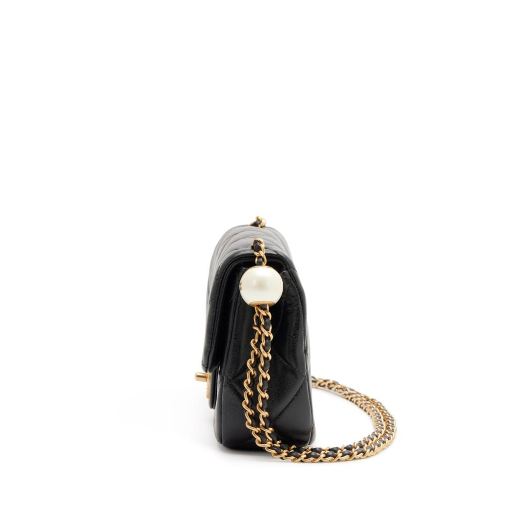 Black Quilted Lambskin Double Pearl Mini Flap Bag Aged Gold Hardware, 2024