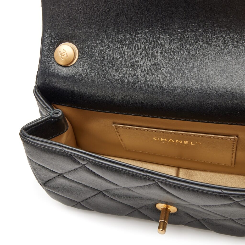 Black Quilted Lambskin Double Pearl Mini Flap Bag Aged Gold Hardware, 2024