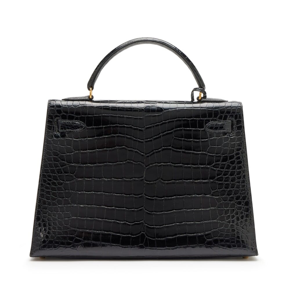 Vintage Black Shiny Porosus Crocodile Sellier Kelly 32 Gold Hardware, 1995