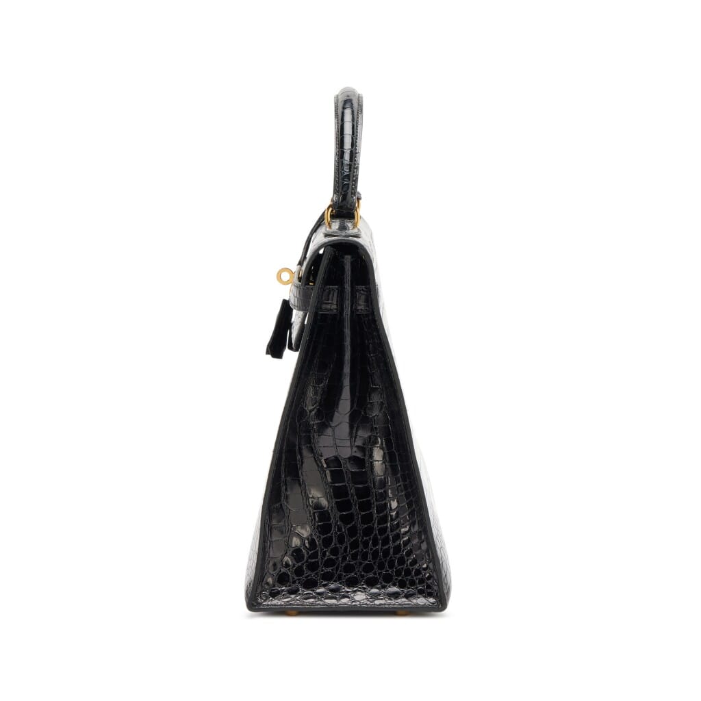 Vintage Black Shiny Porosus Crocodile Sellier Kelly 32 Gold Hardware, 1995